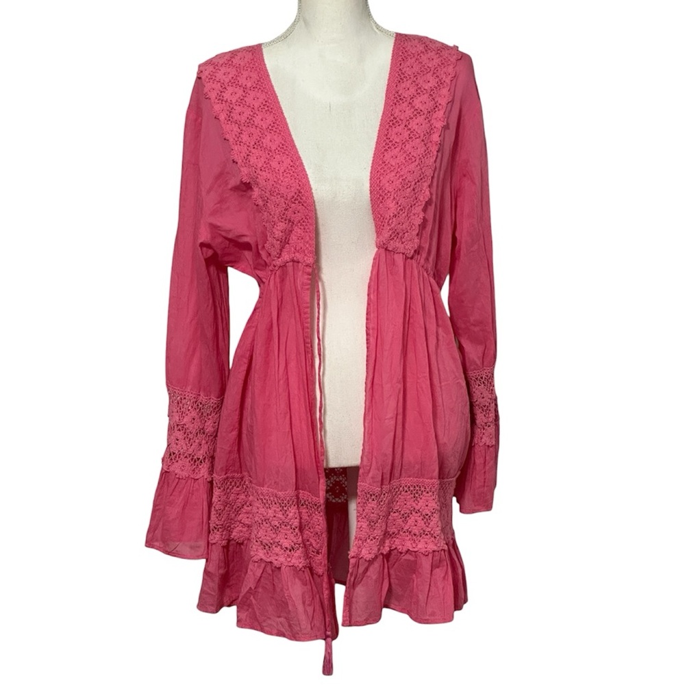 American Flirt Pink Beach Longsleeve Cover-up Tunic Lace with Tassel NWOT